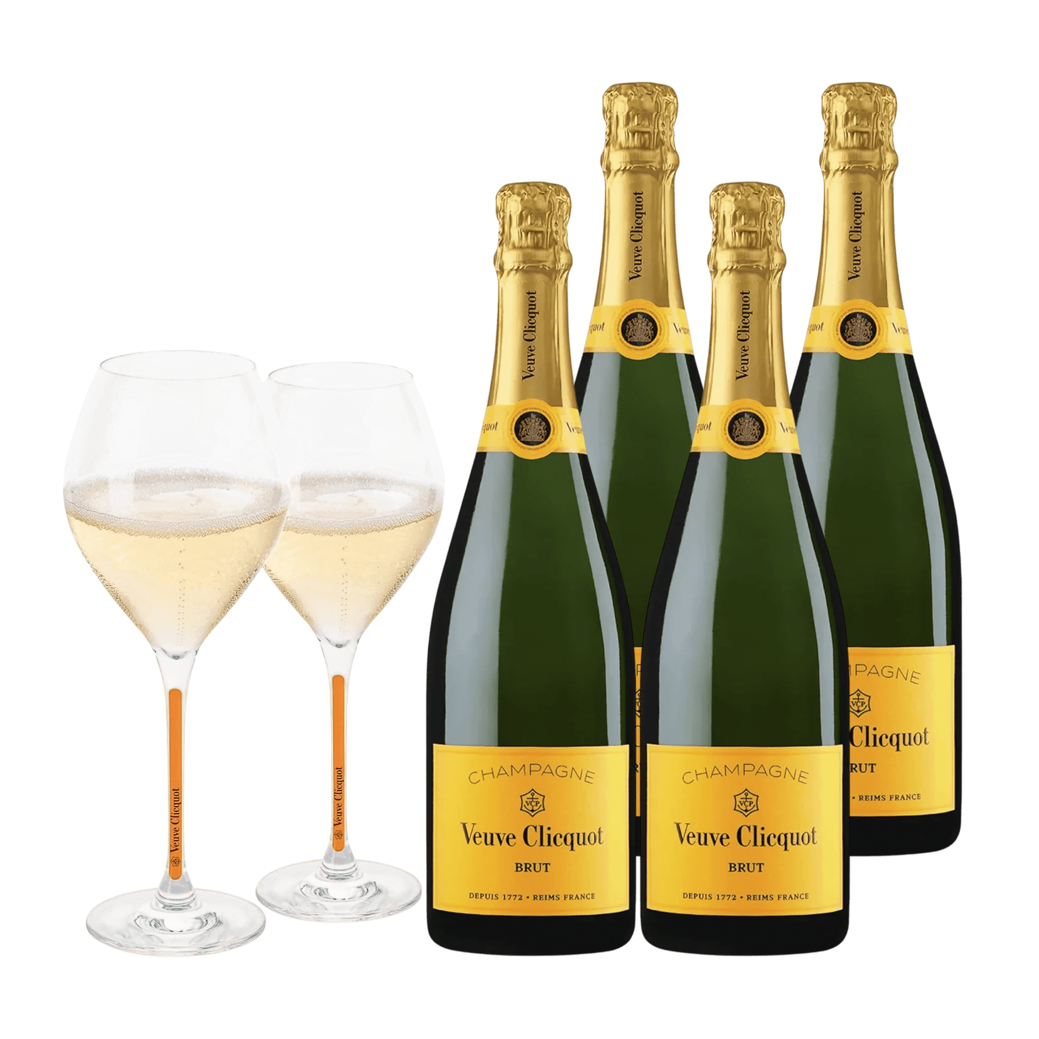 Champagne Veuve Clicquot Yellow Label Brut 75 cl. (4 stk. + 2 Veuve Clicquot glas)