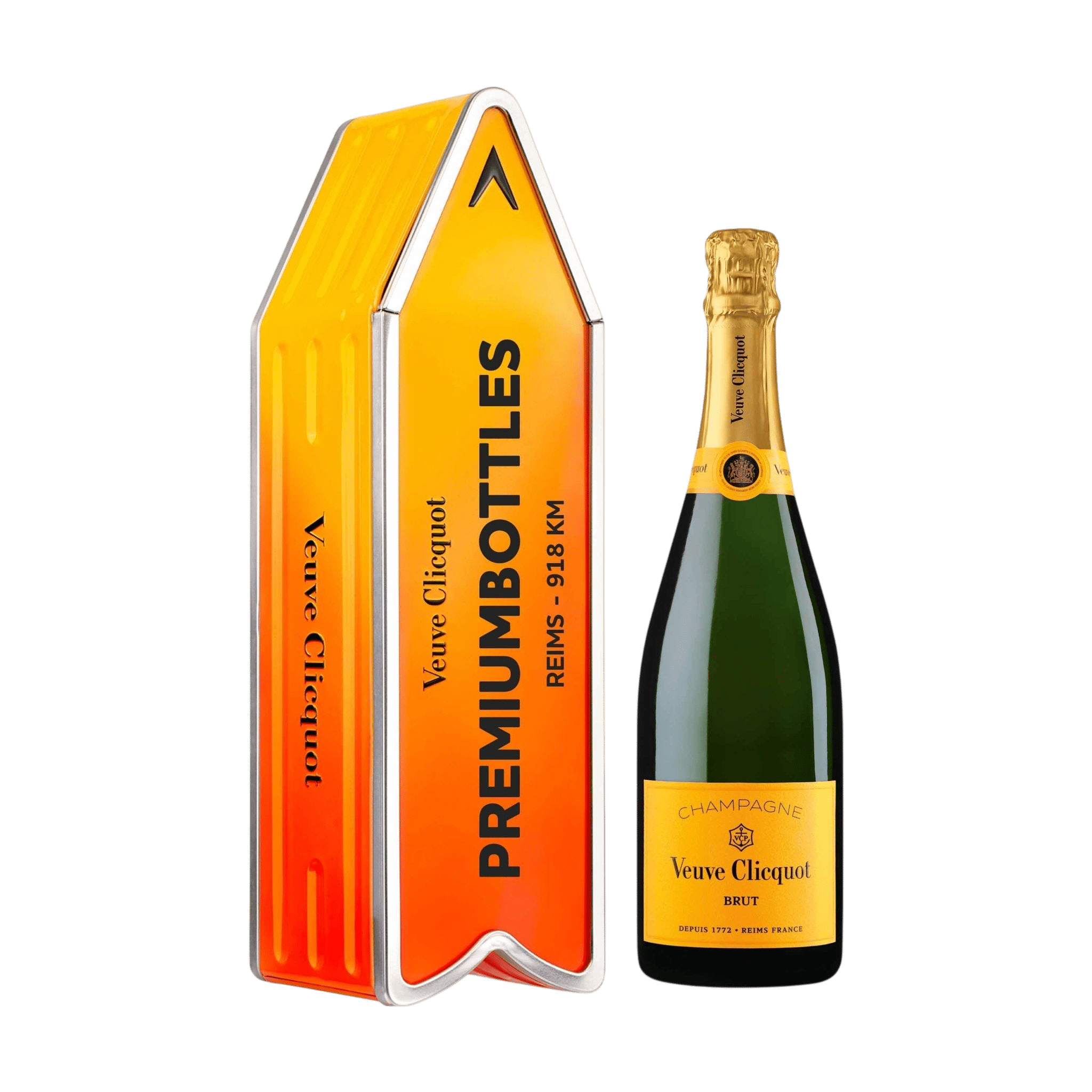 Veuve Clicquot Veuve Clicquot Yellow Label Brut NV 75 cl. Personliggør Orange Arrow Tin kasse - PremiumBottles