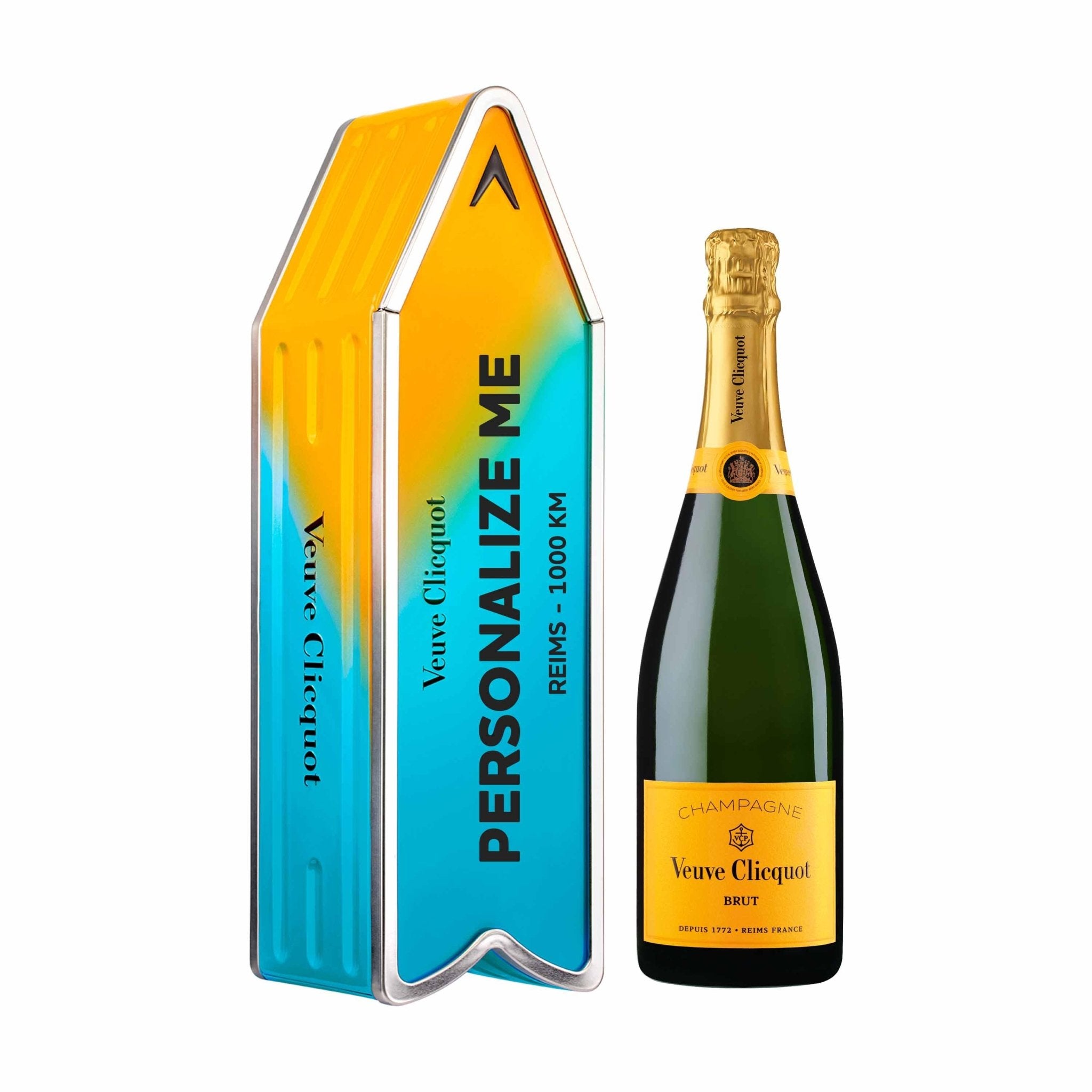 Veuve Clicquot Veuve Clicquot Yellow Label Brut NV 75 cl. Personliggør Blue Arrow Tin kasse - PremiumBottles