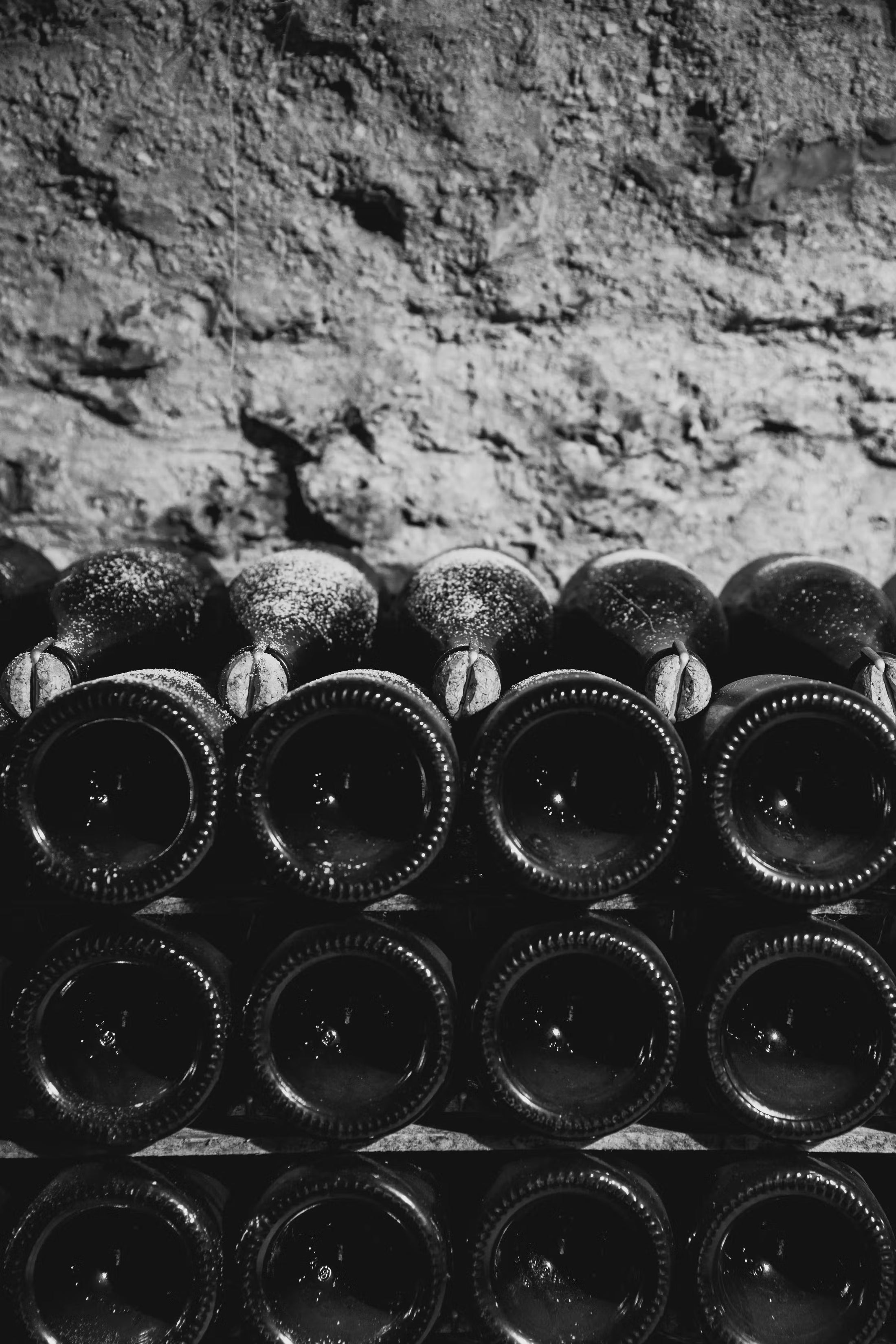 Dom Pérignon Champagneflasker der modner i mørk vinkælder