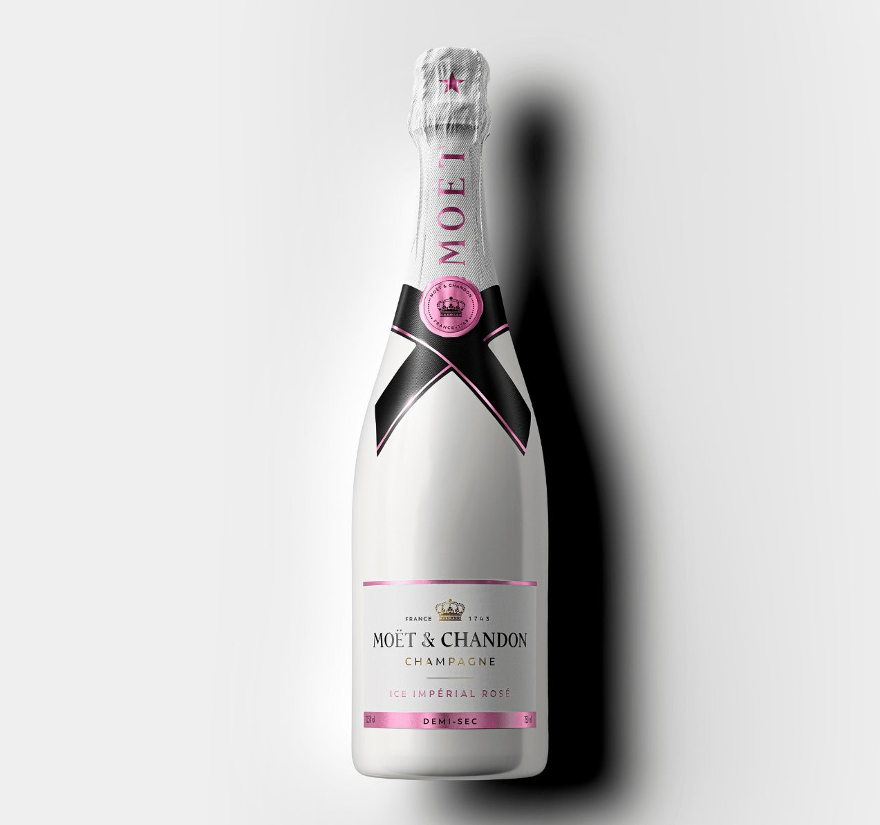 Moët & Chandon Ice Impérial Rosé champagneflaske, hvid med sorte og lyserøde etiketter
