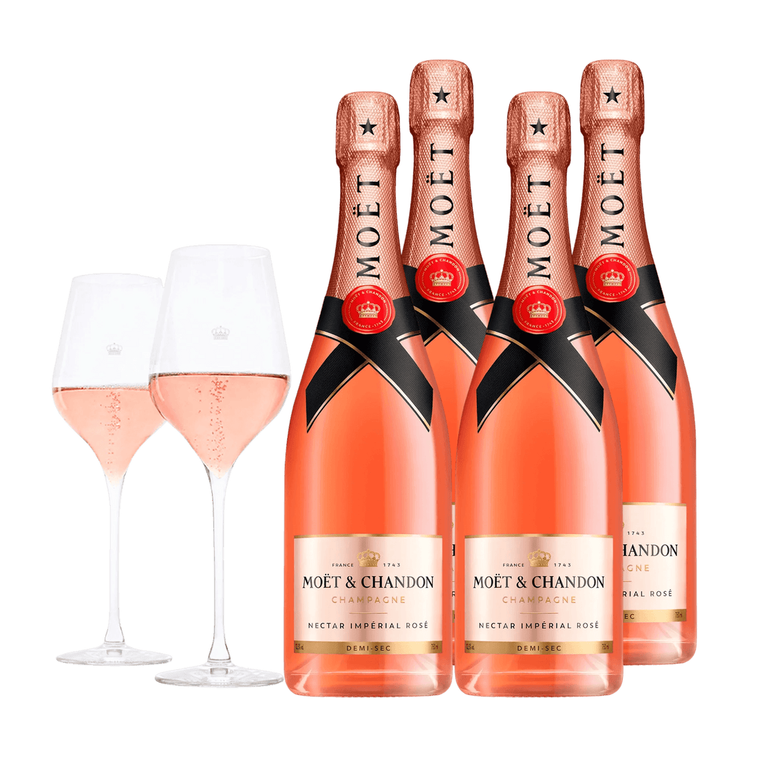 Champagne Moët &amp; Chandon Nectar Imperial Rosé 75 cl. (4 stk. + 2 Moët glas)