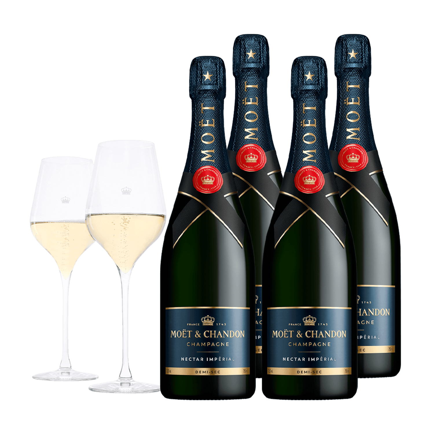 Champagne Moët &amp; Chandon Nectar Imperial 75 cl. (4 stk. + 2 Moët glas)