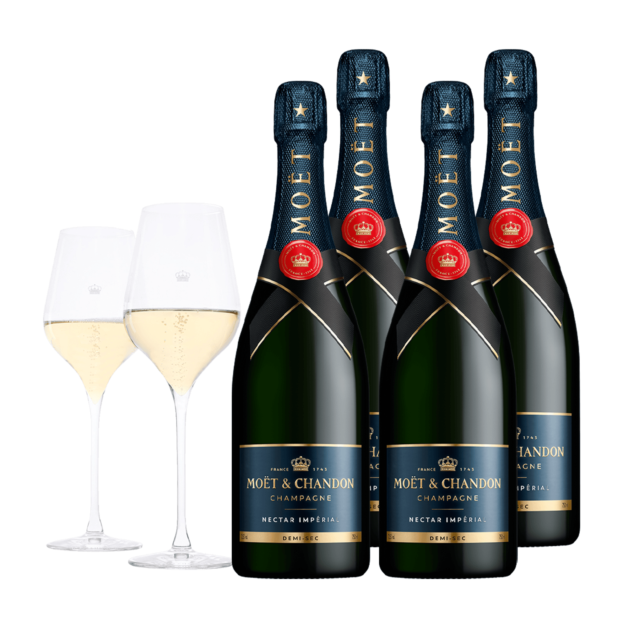 Champagne Moët &amp; Chandon Nectar Imperial 75 cl. (4 stk. + 2 Moët glas)