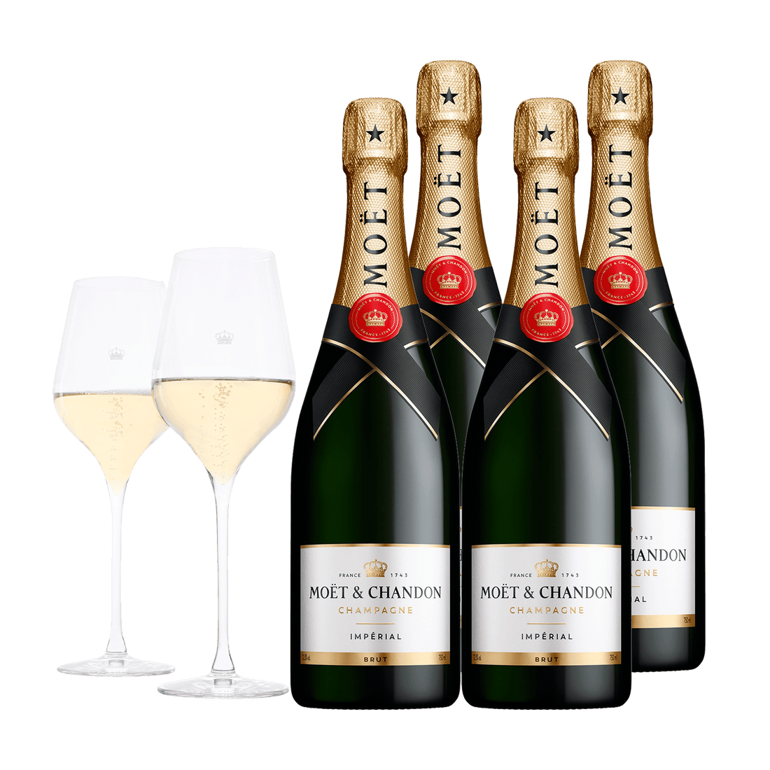 Champagne Moët &amp; Chandon Brut Imperial 75 cl. (4 stk. + 2 Moët glas)