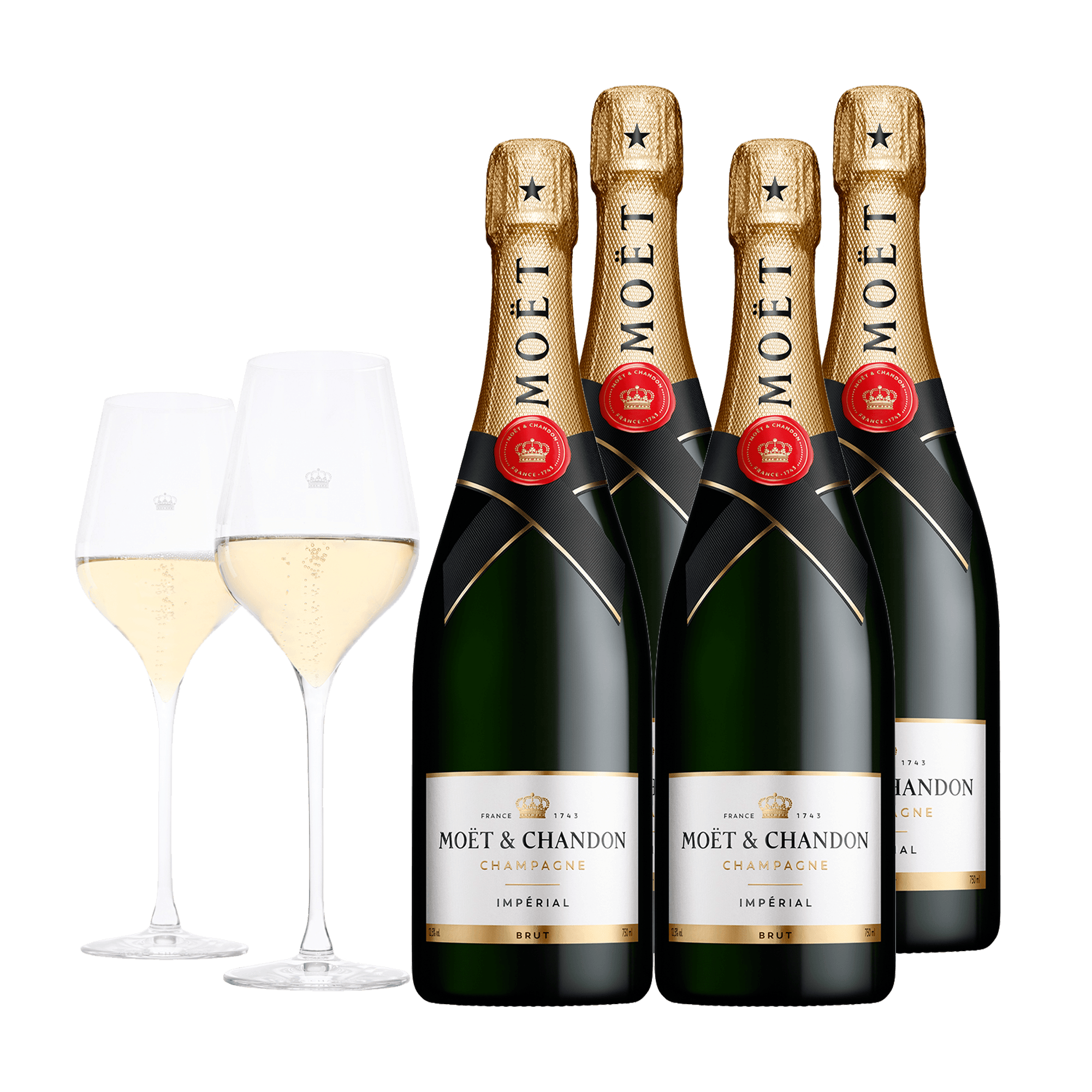 Champagne Moët &amp; Chandon Brut Imperial 75 cl. (4 stk. + 2 Moët glas)