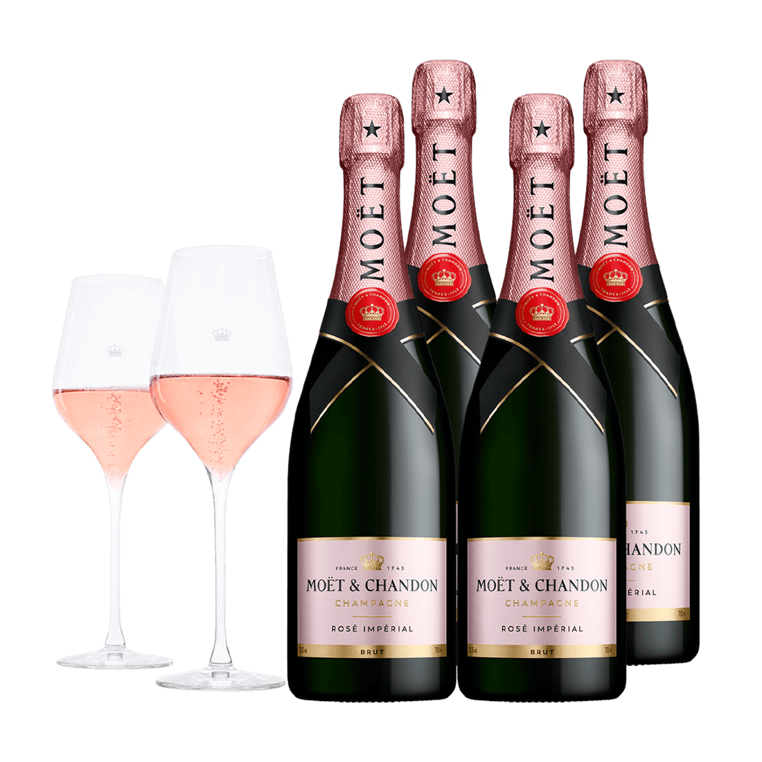 Champagne Moët &amp; Chandon Rosé Imperial 75 cl. (4 stk. + 2 Moët glas)