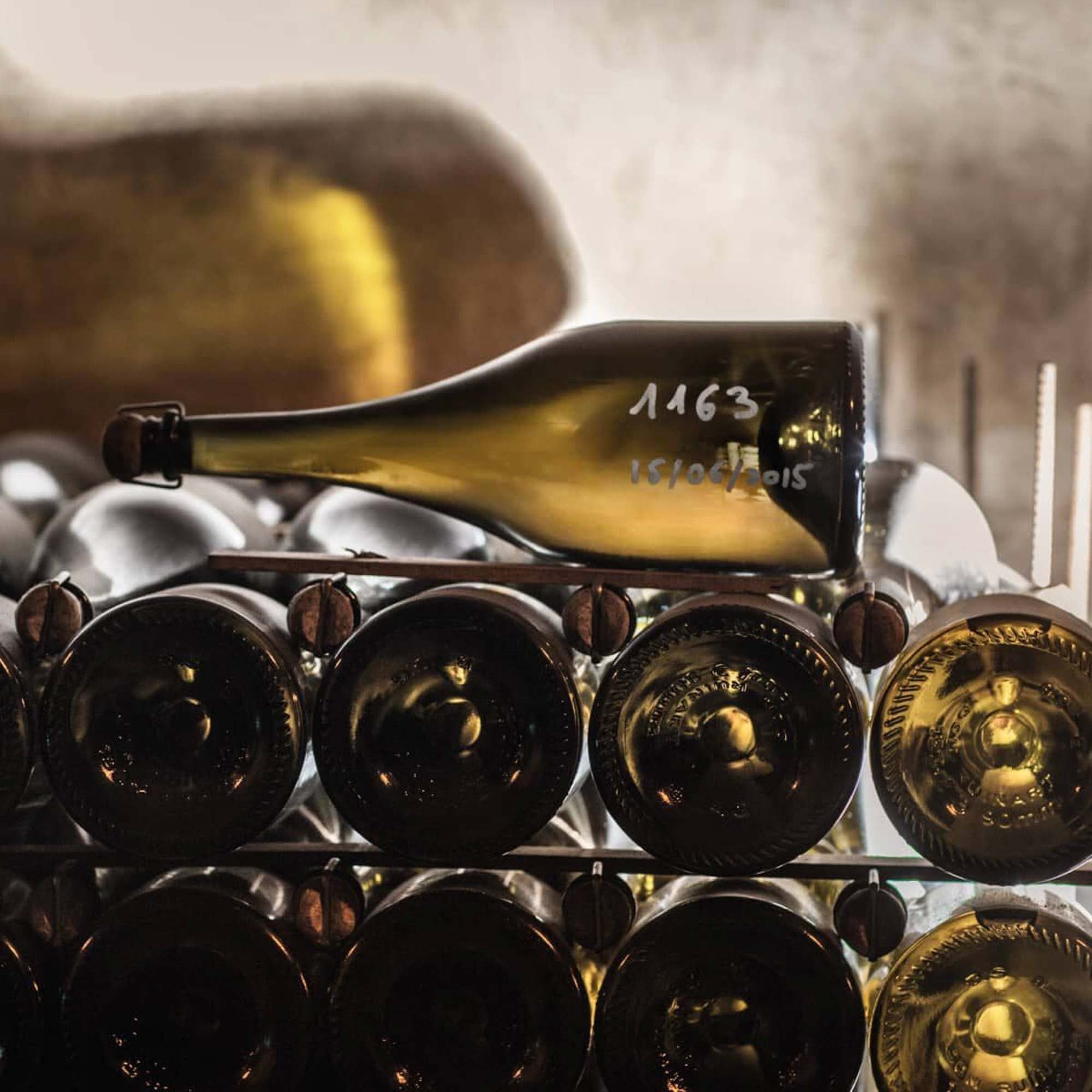 Ruinart champagneflasker arrangeret i en vinkælder til lagring