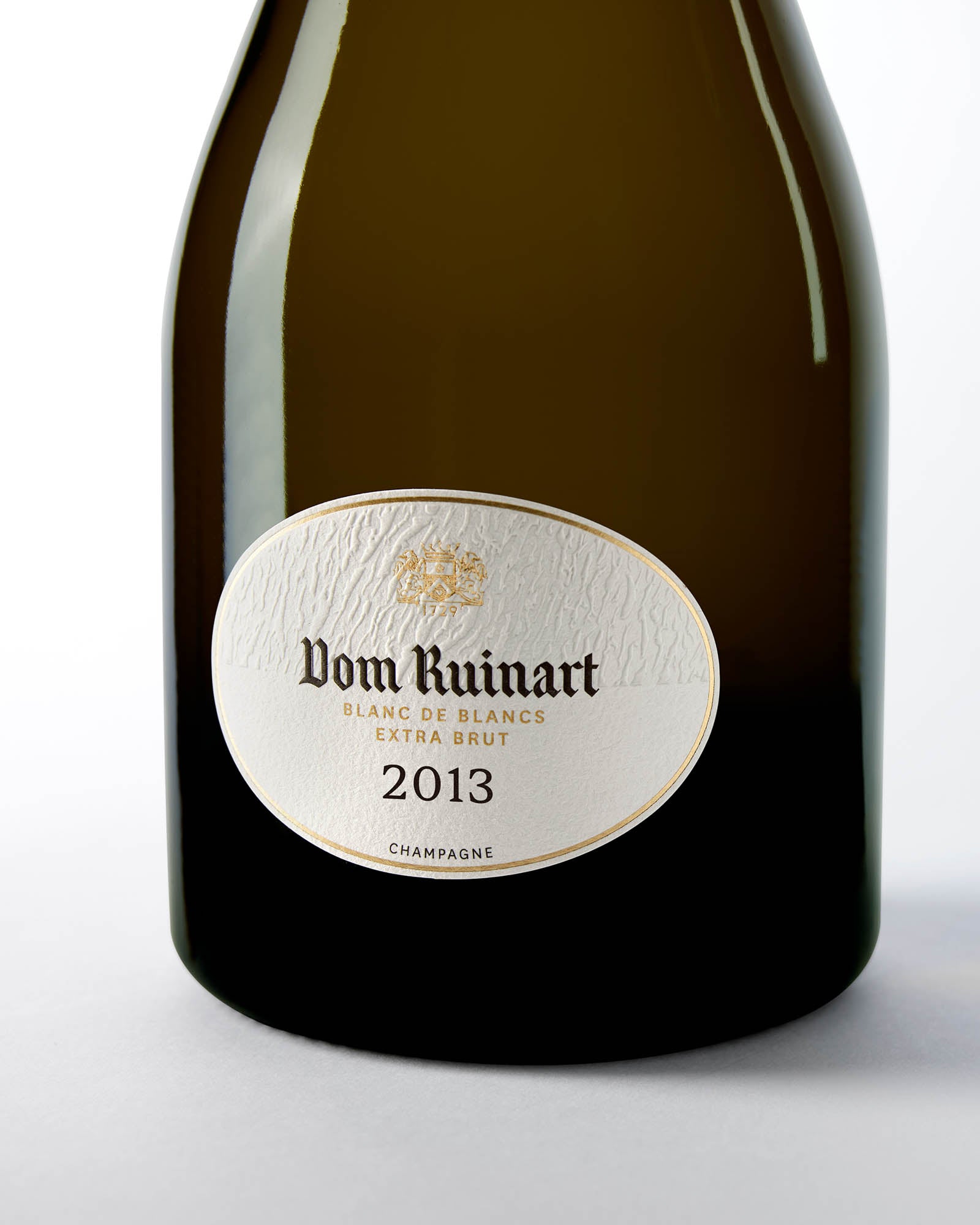 Dom Ruinart Blanc de Blancs Extra Brut 2013 champagneflaske etiket close-up