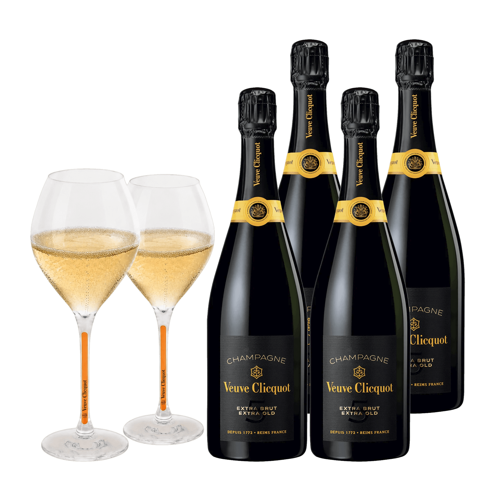 Champagne Veuve Clicquot Extra Brut Extra Old 5, 75 cl. (4 stk. + 2 Veuve Clicquot glas)