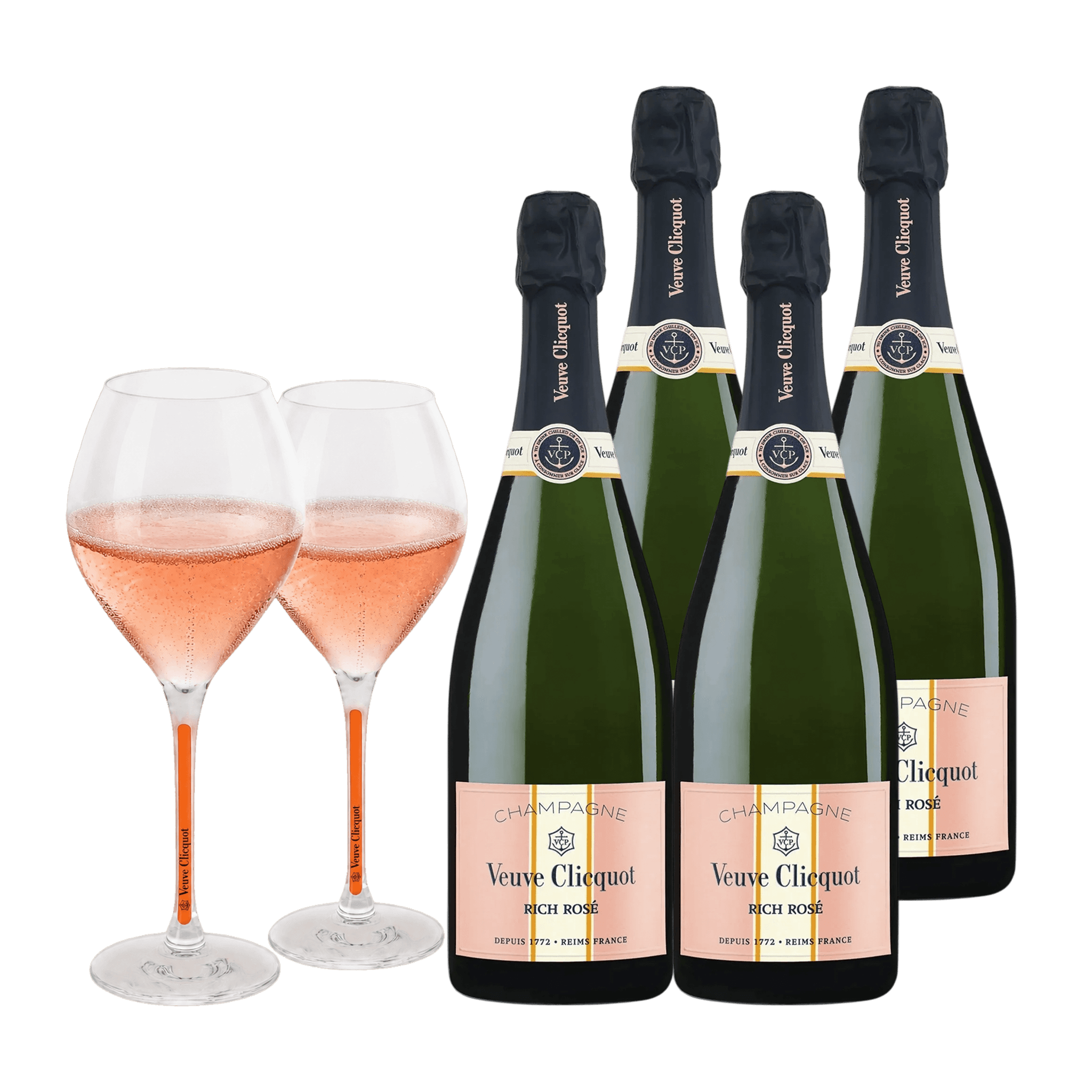 Champagne Veuve Clicquot RICH Rosé 75 cl. (4 stk. + 2 Veuve Clicquot glas)