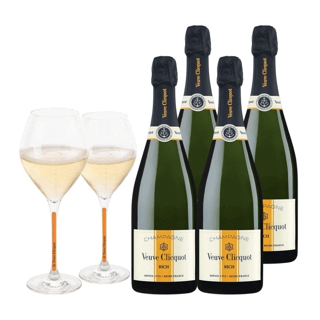 Champagne Veuve Clicquot RICH 75 cl. (4 stk. + 2 Veuve Clicquot glas)