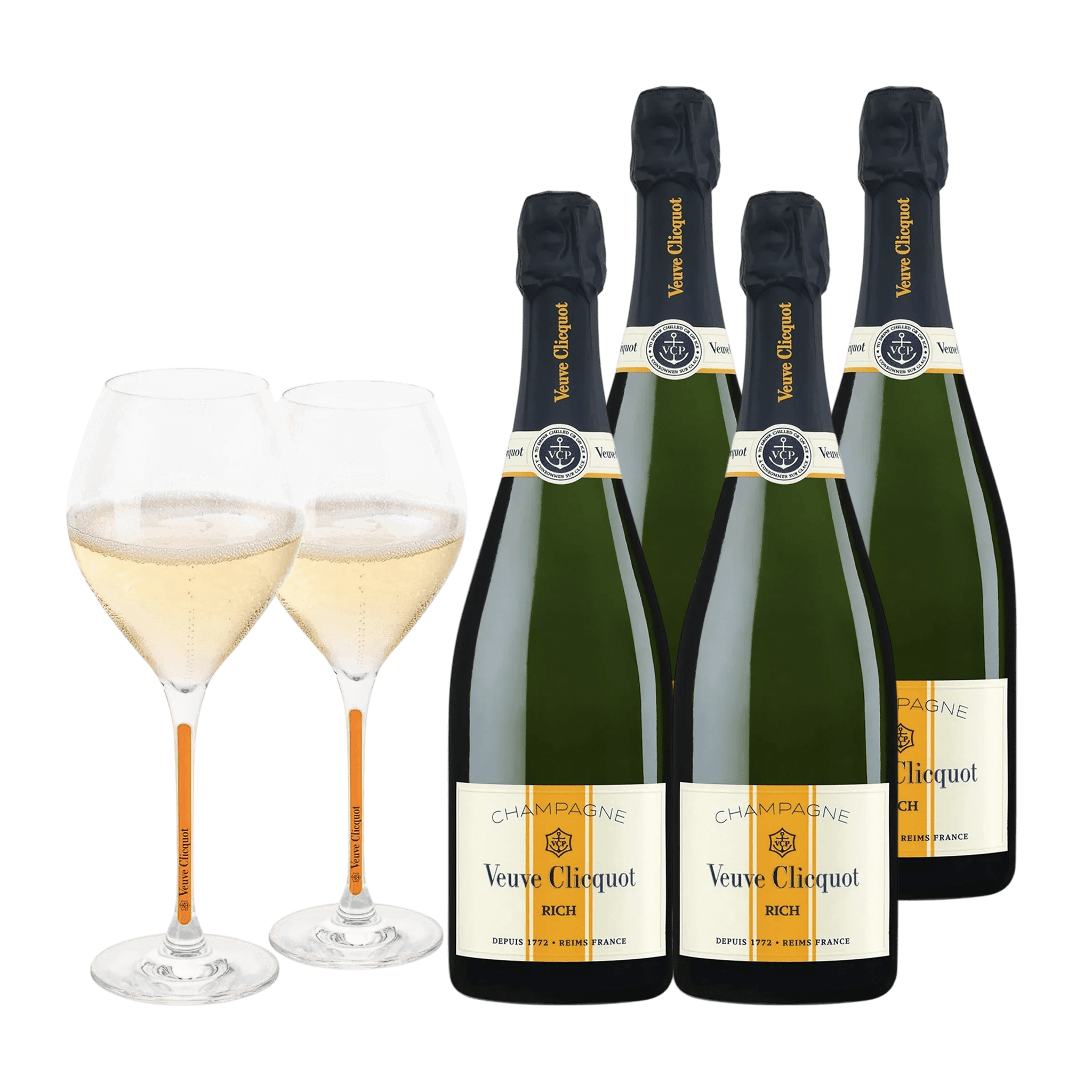 Champagne Veuve Clicquot RICH 75 cl. (4 stk. + 2 Veuve Clicquot glas)