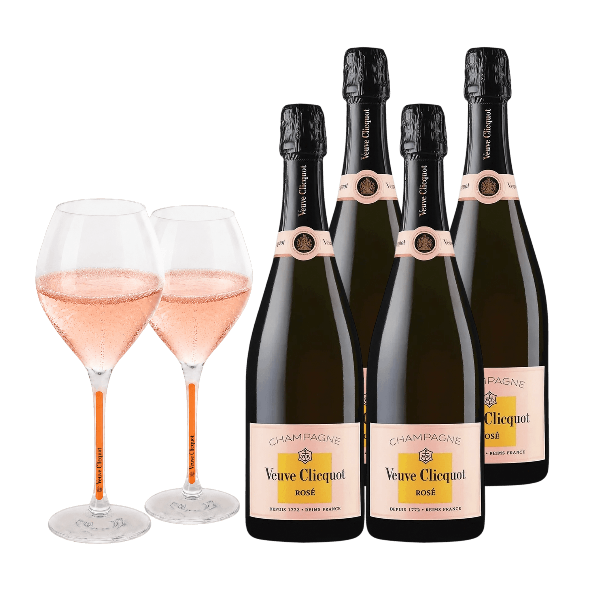 Champagne Veuve Clicquot Rosé 75 cl. (4 stk. + 2 Veuve Clicquot glas)