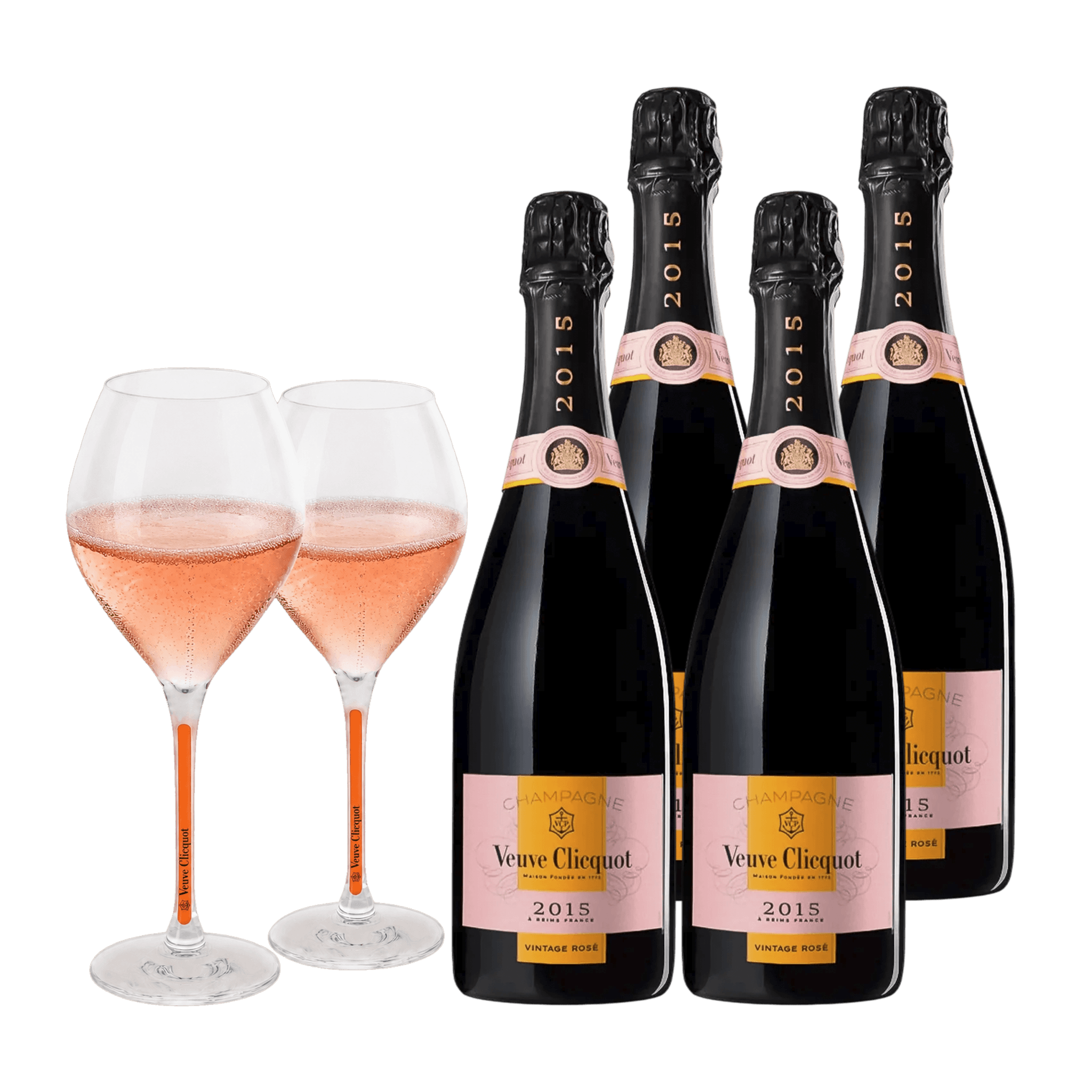 Champagne Veuve Clicquot Vintage 2015 Rosé 75 cl. (4 stk. + 2 Veuve Clicquot glas)