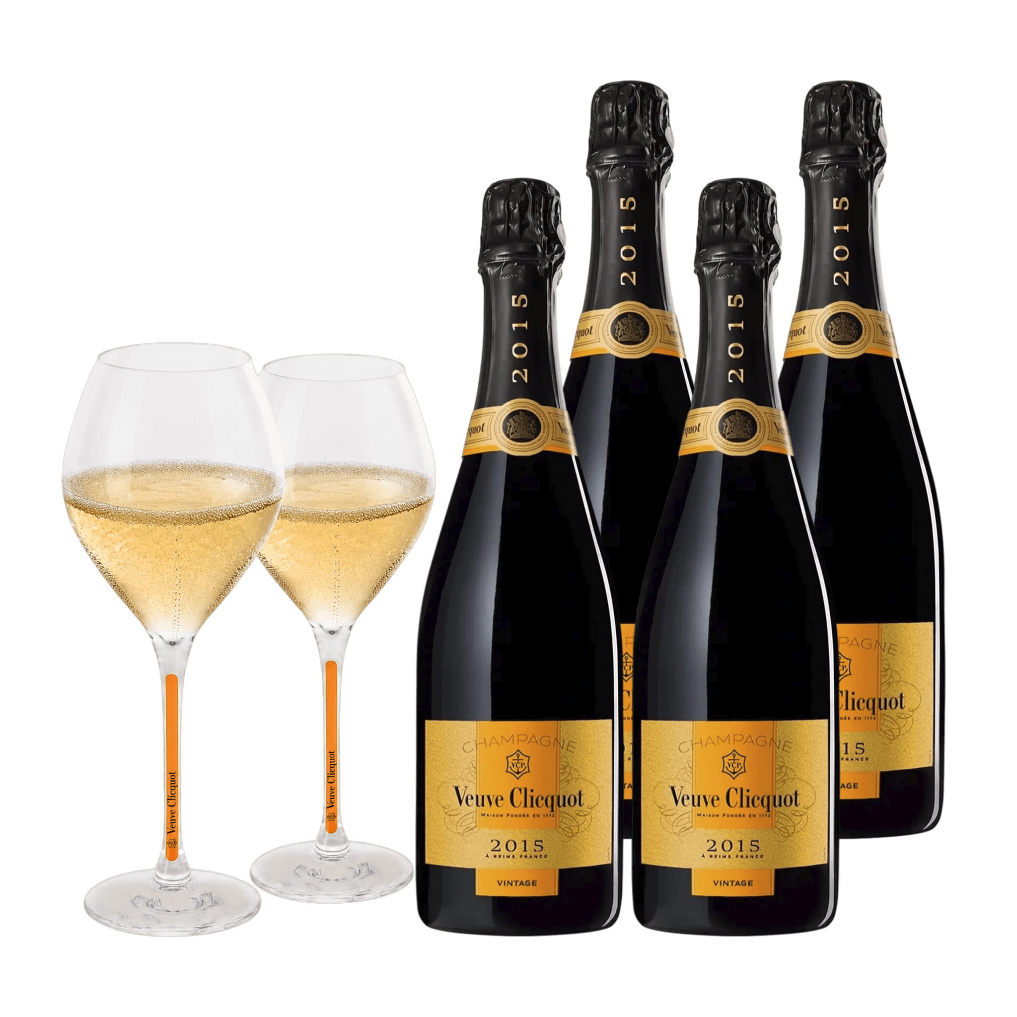 Champagne Veuve Clicquot Vintage 2015 75 cl. (4 stk. + 2 Veuve Clicquot glas)
