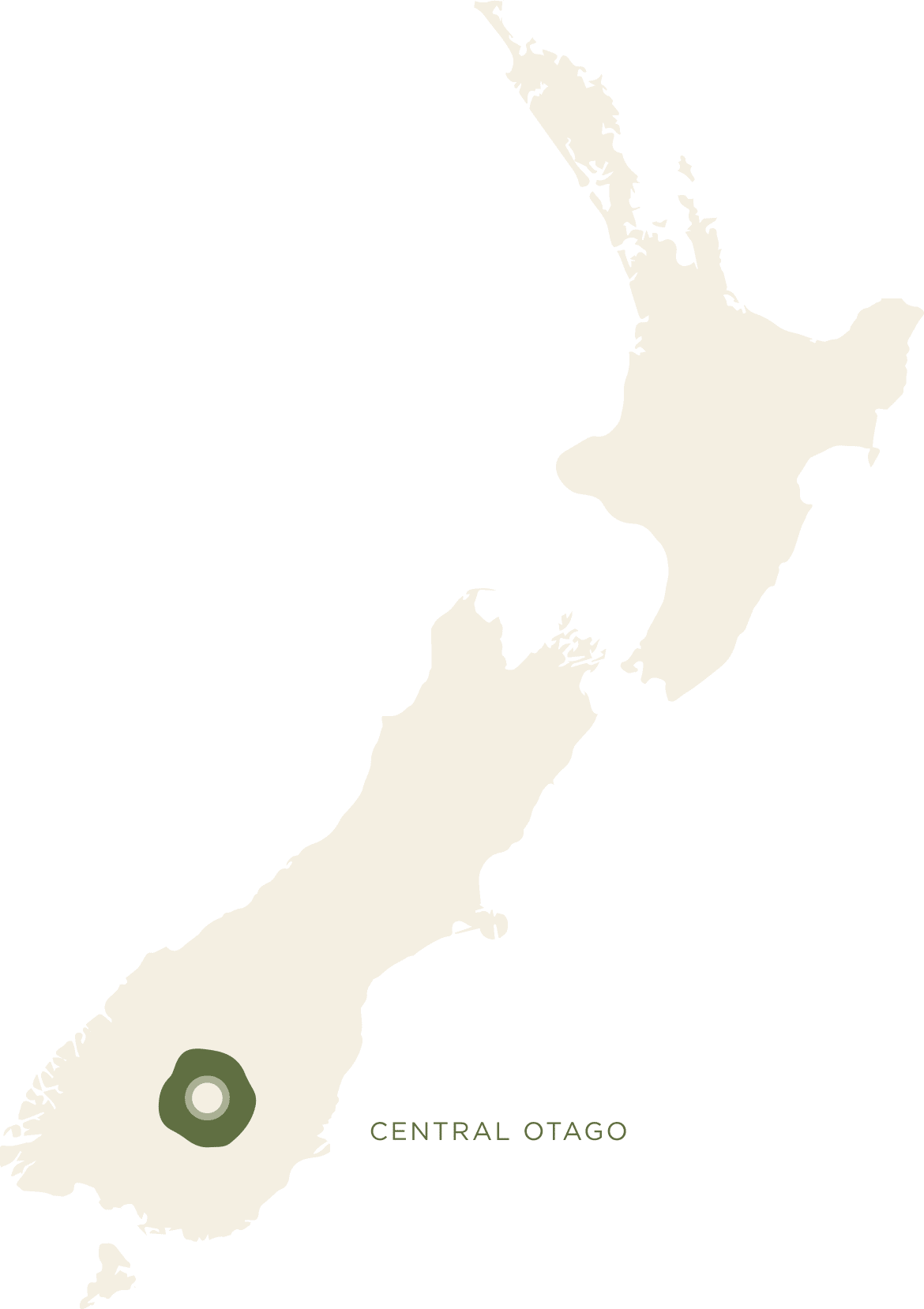 Kort over New Zealand, fremhæver Central Otago-vinregionen for Cloudy Bay vin