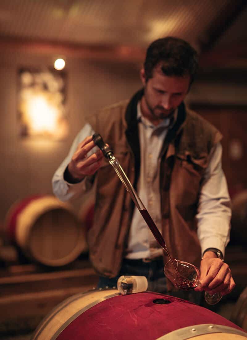 Vindyrker der tager vinprøve fra en tønde med pipet og glas.
