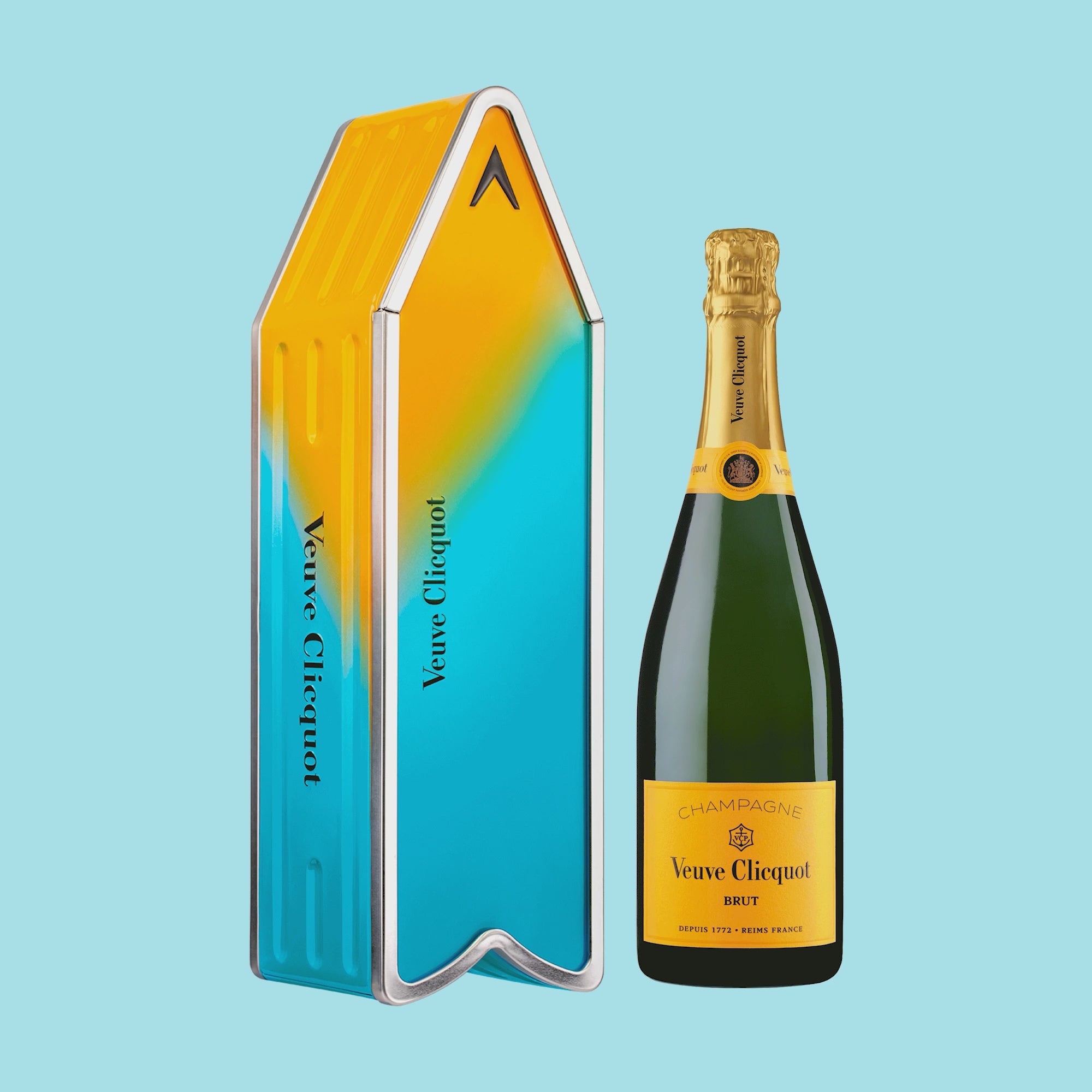 Champagne Veuve Clicquot Yellow Label Brut NV 75 cl. Personliggør Blue Arrow Tin kasse