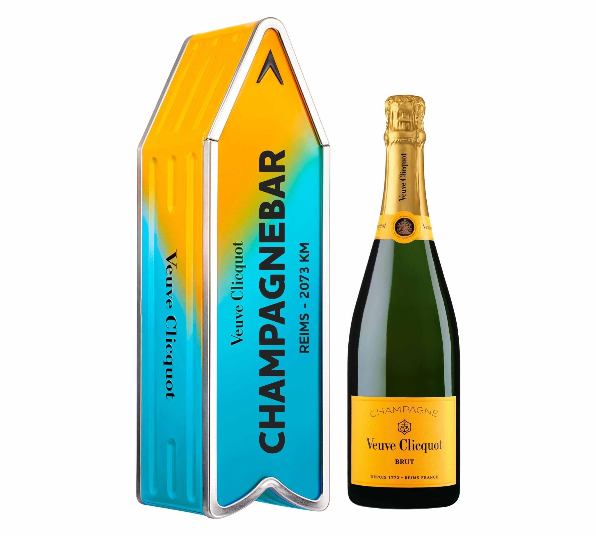 Veuve Clicquot Veuve Clicquot Yellow Label Brut NV 75 cl. Personliggør Blue Arrow Tin kasse - PremiumBottles