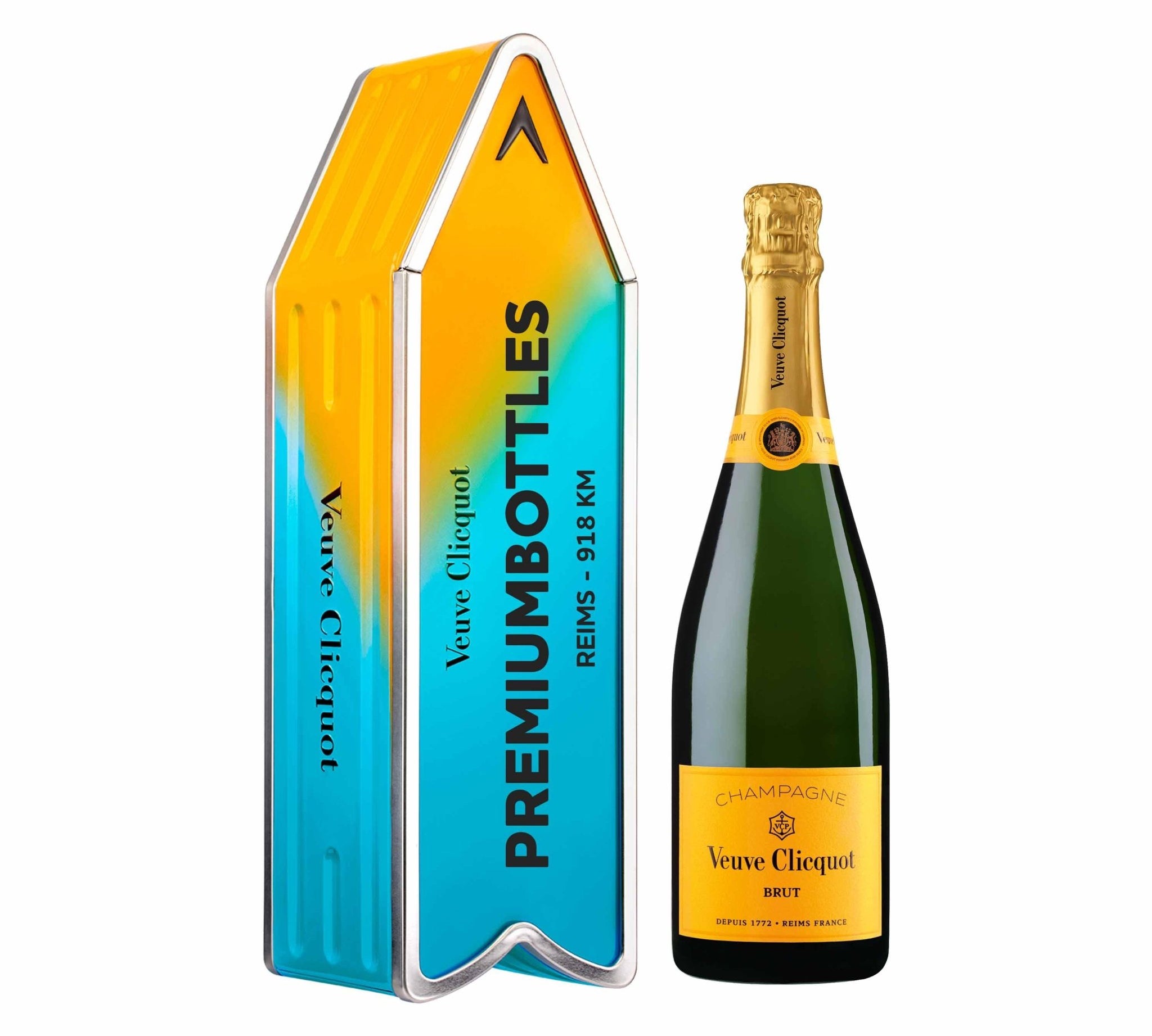 Veuve Clicquot Veuve Clicquot Yellow Label Brut NV 75 cl. Personliggør Blue Arrow Tin kasse - PremiumBottles